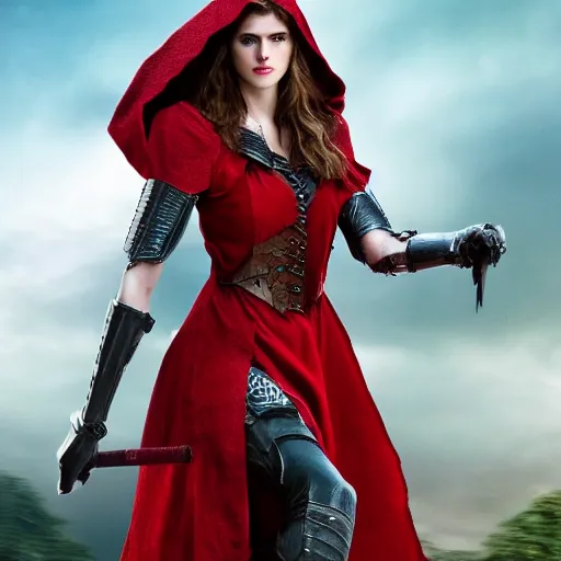 Image similar to full body photo red riding hood alexandra daddario armoured warrior, highly detailed, 4k, HDR, award-winning photo