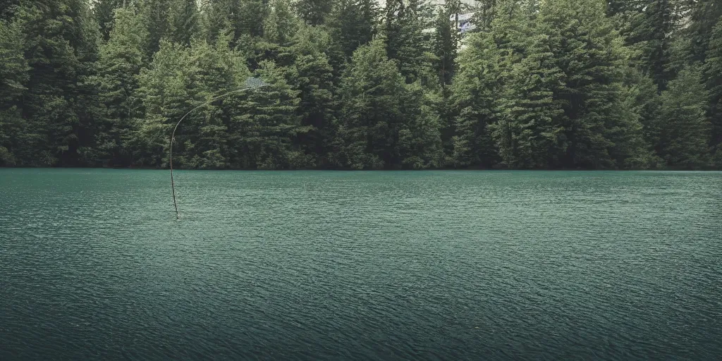 Image similar to centered photograph of a long rope snaking across the surface of the water, thick rope stretching out towards the center of the lake, a dark lake on a cloudy day, color film, trees in the background, hyper - detailed photo, anamorphic lens
