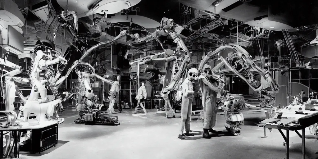 Image similar to a futuristic film studio with robot technicians preparing a scene by stanley kubrick, sci - fi, color vibe, reimagined by industrial light and magic