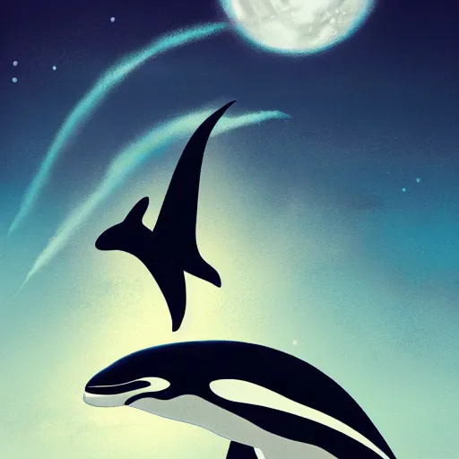 Prompt: Shamu the orca killer whale jumping over the moon. space, stars, planets. SeaWorld, ccean life, marine life. Trending on artstation