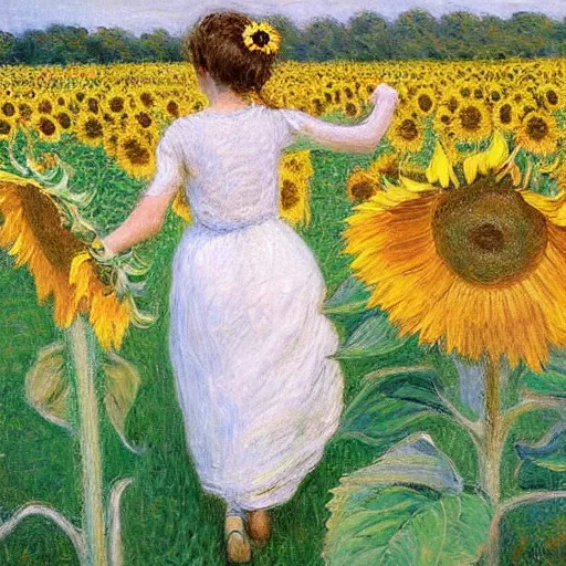 Prompt: a girl slowly walking through amazing tall sunflower field, her hair flowing down, subtle, intricate details, real masterpiece, impressionist painting, by gustave caillebotte