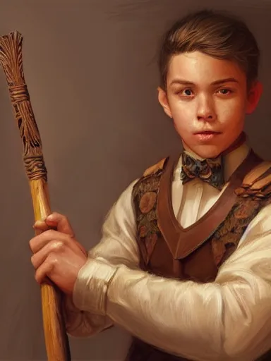 Prompt: a handsome young man holding a wood adorned cane. intricate, elegant, highly detailed, digital painting, artstation, concept art, sharp focus, illustration, by justin gerard and artgerm, 8 k