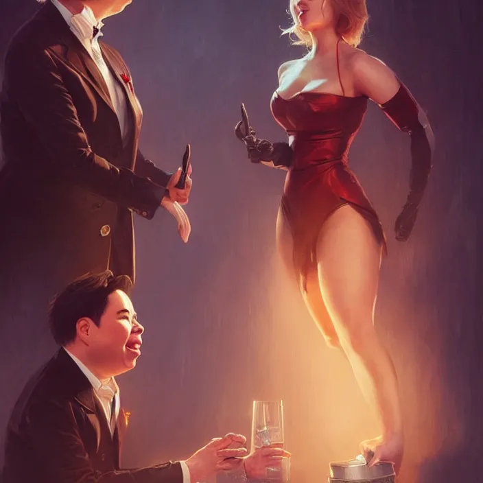 Image similar to michael mcintyre flirting with a singing waitress, elegant, real life skin, intricate artwork, high detailed, artstation, concept art, smooth, sharp focus, art by artgerm and greg rutkowski