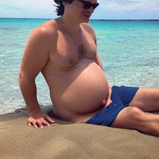 Prompt: “ben shapiro showing off his large pregnant belly at the beach”