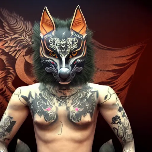 Prompt: a young male wearing a kitsune mask, his body is covered in tattoos, unreal engine 5, realistic, intricate