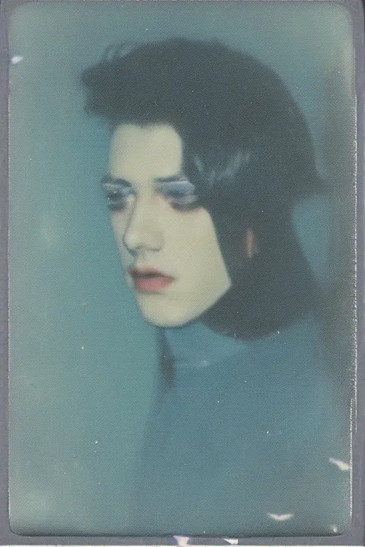 Prompt: vintage polaroid analog portrait photography of a beautiful effeminate man wearing makeup, warm azure tones, heavy lensflare, color bleed, film grain