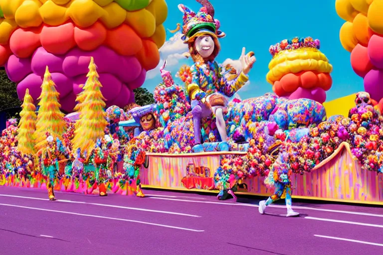Prompt: photo of giant beautiful elaborate parade float character designed by ( ( ( ( ( ( ( ( lisa frank ) ) ) ) ) ) ) ) and wes anderson!!!!!!!!!!!!!!, in the macys parade, detailed 4 k photo,