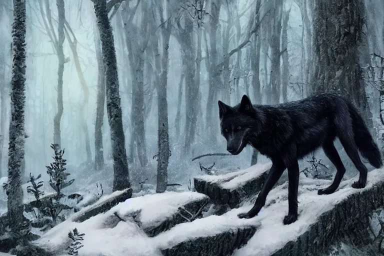 Image similar to a black wolf, standing on top of a fallen tree, winter forest, fantasy, greg rutkowski, cinematic, extremely detailed