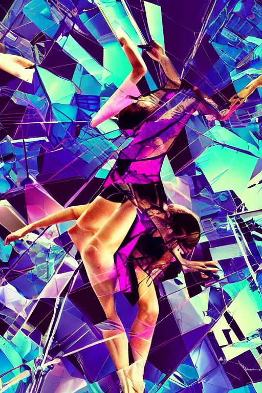 Image similar to wideangle action, a wild beautiful ballet techno dancer among shards of reality, madness, decoherence, synthwave, glitch!!, fracture, vortex, realistic, hyperdetailed, concept art, art by lsd, cubism