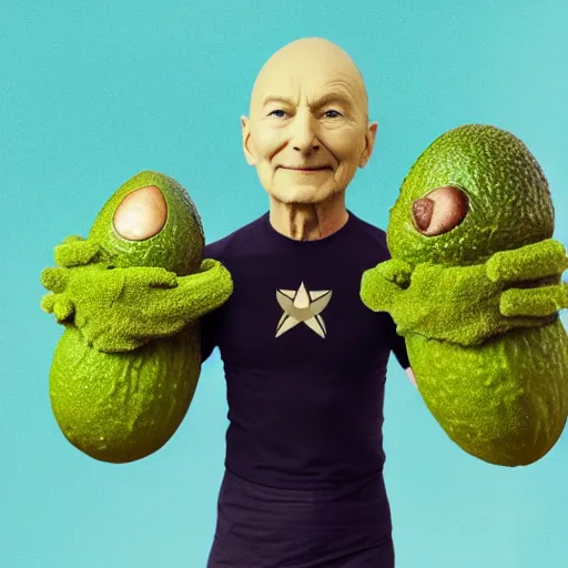 Image similar to an avocado with arms and legs wearing a starfleet uniform, patrick - stewart - avocado hybrid, 4 k photograph