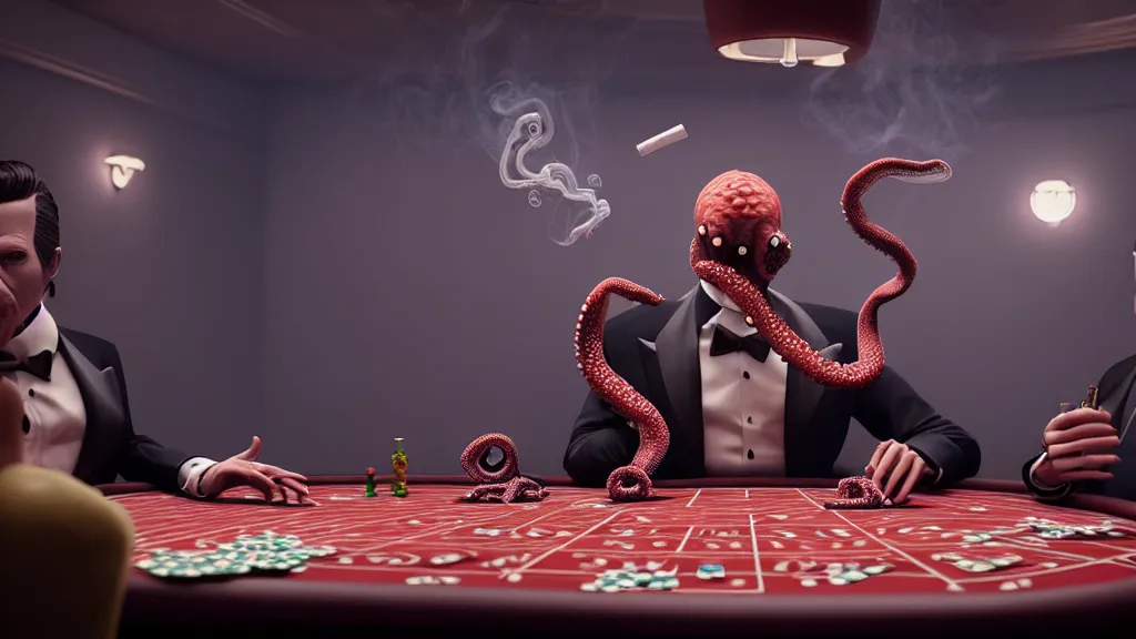 Prompt: hyperrealism simulation highly detailed human octopuses'wearing detailed tuxedos and smoking, playing poker in surreal scene from cyberpunk movie from future by wes anderson and denis villeneuve and mike winkelmann rendered in blender and octane render