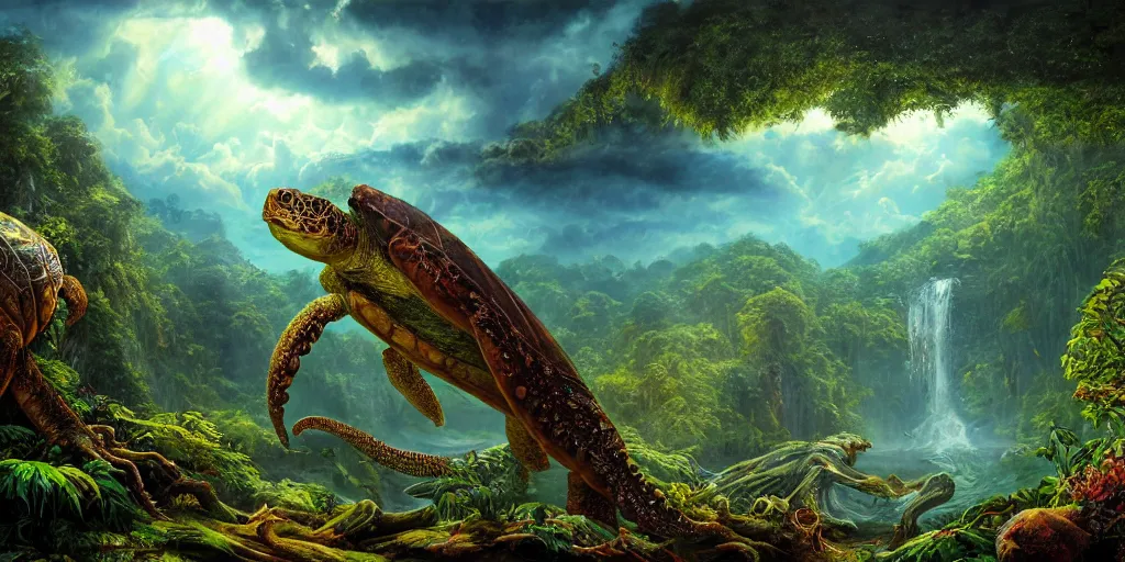 Prompt: fantasy oil painting, great leviathan, turtle cephalopod terrapin reptilian pachyderm amphibian hybrid, rainforest mountains, lush plants flowers, epic natural light, bright clouds, luminous sky, outer worlds, cinematic lighting, michael whelan, michael cheval, vray, 8 k hd