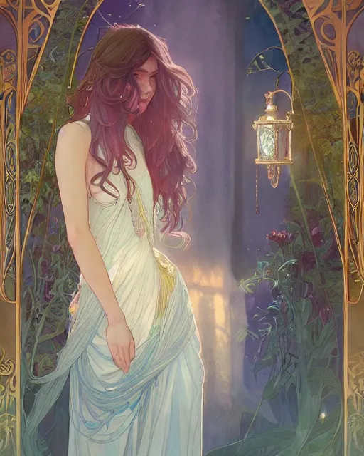 Image similar to secret romance, highly detailed,, gold filigree, romantic storybook fantasy, soft cinematic lighting, award, disney concept art watercolor illustration by mandy jurgens and alphonse mucha and alena aenami, pastel color palette, featured on artstation