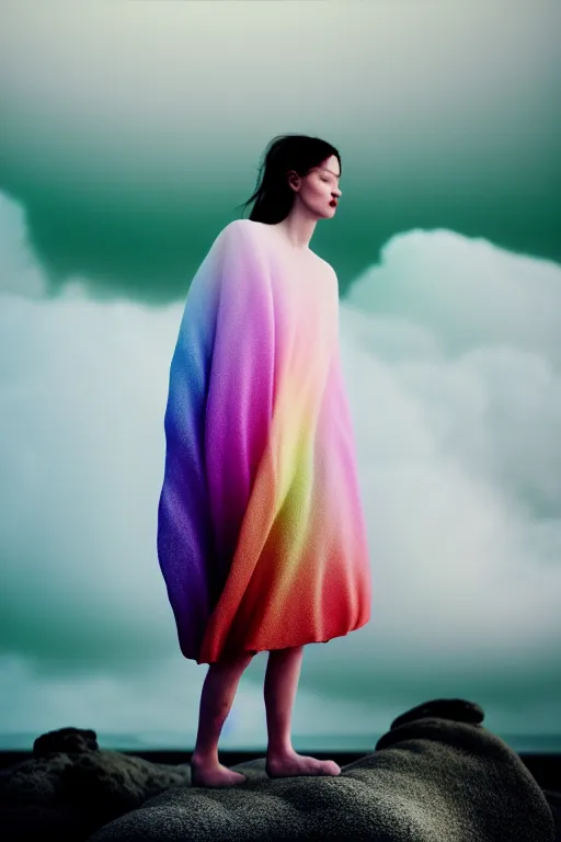 Image similar to high quality pastel coloured film close up wide angle photograph of a model wearing clothing resting on cloud furniture in a icelandic black rock!! environment in a partially haze filled dreamstate world. three point light, rainbow. photographic production. art directed. pastel colours. volumetric clouds. pastel gradient overlay. waves glitch artefacts. extreme facial clarity. 8 k. filmic.