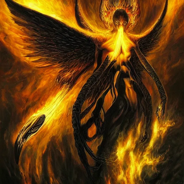 Image similar to a demon with huge nacreous fire wings, realistic horrors, cosmic dark vibes evil incarnate, photo pic by hyperrealism