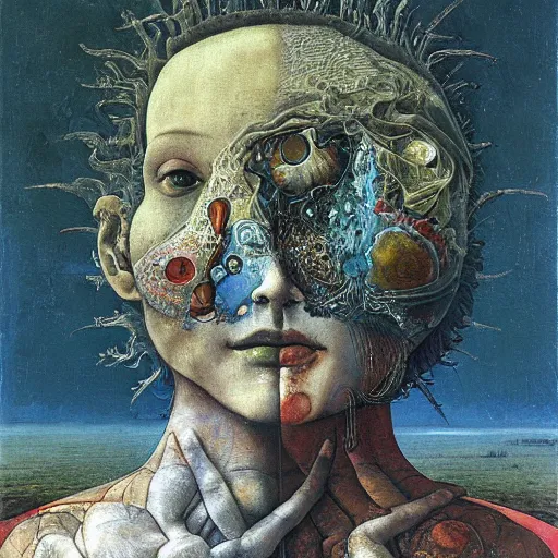 Image similar to an oil painting by botticelli, by arcimboldo, by yoshitaka amano, by beksinski seen through a kaleidoscope, detailed, high resolution