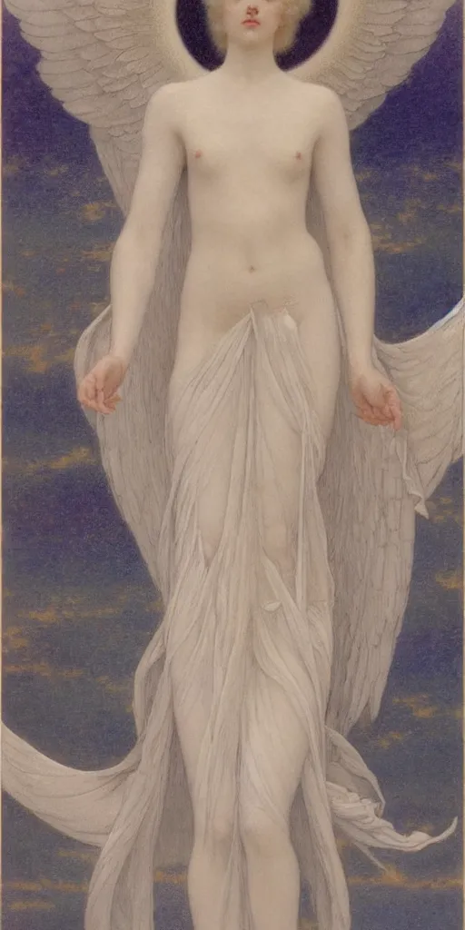 Prompt: Say who is this with silver hair so pale and Wan and thin? Beautiful feminine angel in the style of Jean Delville, Lucien Lévy-Dhurmer, Fernand Keller, Fernand Khnopff, single figure, oil on canvas, 1896, 4K resolution, aesthetic, mystery