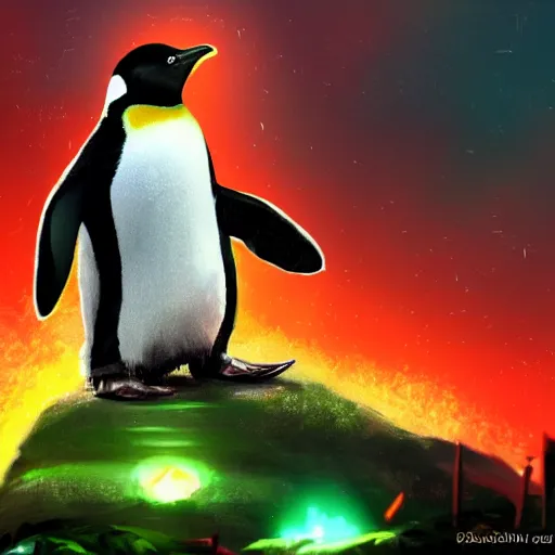 Image similar to penguin with red glowing eyes in front of a green glowing tower in the background, guild wars 2 art style