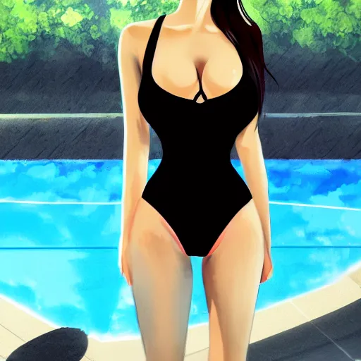 Prompt: a girl wearing a business swimsuit, she is near a swimming pool, anime art, digital painting, smooth, hd, elegant