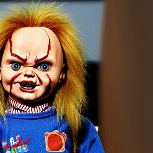 Prompt: chucky the killer doll testifying in court