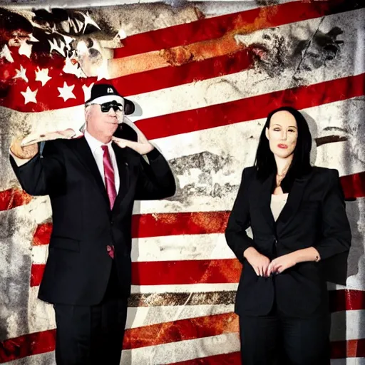 Image similar to scott morrison and jacinda ardent on a nineties rap album cover. they are a married couple and are throwing money in the air and smoking cigars. also they are wearing caps backwards.