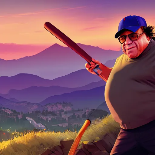 Prompt: Danny Devito at the top of a mountain, scenic view, holding a baseball bat!!, digital art, gta 5 cover art, trending on artstation