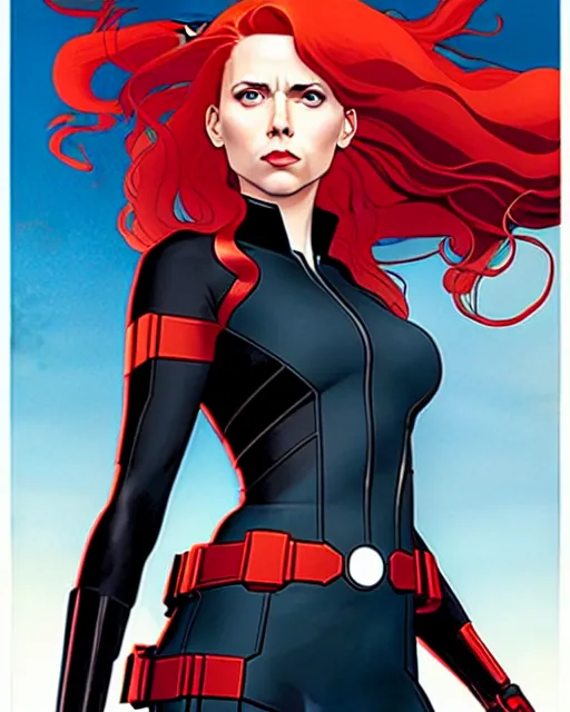 Image similar to phil noto comicbook cover art, black widow marvel, symmetrical eyes, long red hair, full body, city rooftop