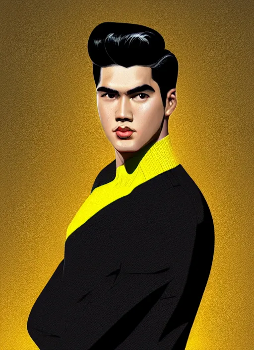 Image similar to portrait of young reggie mantle, mean smirk, egotistical, slicked back hair, striped yellow and black sweater, 1 9 5 0 s, intricate, elegant, glowing lights, highly detailed, digital painting, artstation, concept art, smooth, sharp focus, illustration, art by wlop, mars ravelo and greg rutkowski