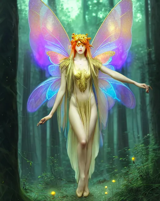 Prompt: stunningly beautiful female faerie priestess in amanita muscaria forest landscape, symmetrical wings on back, neon hair, fantasy art, wearing a dress of gossamer gold, dark light night, sharp focus, digital painting, 4 k, concept art, art by wlop, greg rutkowski and alphonse mucha, brom, face by otto schmidt