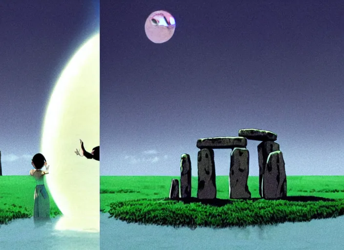 Image similar to a realistic cell - shaded studio ghibli concept art from paprika ( 2 0 0 6 ) of a floating alien from close encounters of the third kind ( 1 9 7 7 ) and a grey witch meditating on top of a pillar in a flooded stonehenge on a misty starry night. very dull colors, hd, 4 k, hq