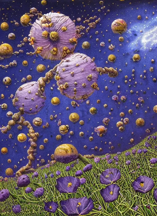 Image similar to detailed, intricate blue black and purple papaverum flower on the field, nebula, galaxy in the sky, winning award masterpiece, fantastically beautiful, illustration, aestheticly inspired, jacek yerka, upscale with anguissola sofonisba work, artstation, 8 k