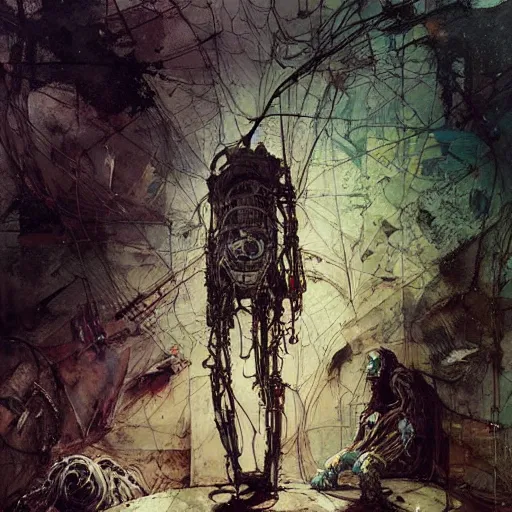 Image similar to the last wanderer of earth, post - apocalyptic wasteland, wires cybernetic implants, in the style of adrian ghenie, esao andrews, jenny saville, surrealism, dark art by james jean, takato yamamoto