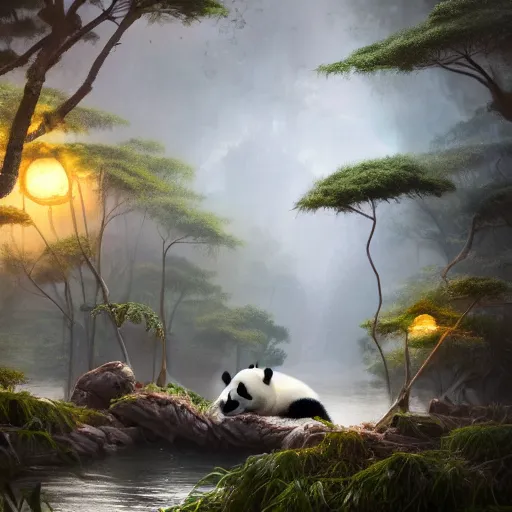 Image similar to world of pandas, bamboos, magical world, by greg rutkowski, sung choi, photo realistic, 8 k, cinematic lighting, hd, atmospheric, hyperdetailed, trending on artstation, devainart, digital painting, glow effect