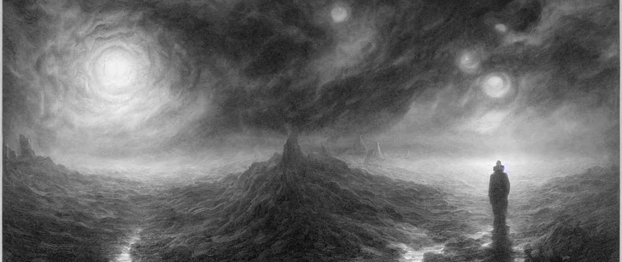 Image similar to an engraving portrait of yog sothoth, lovecraftian atmosphere, caspar david friedrich, foggy, depth, strong shadows, stormclouds, illuminated focal point, highly detailed