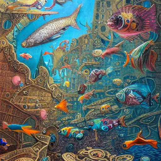 Image similar to fish swimming through the center of a destroyed flooded city, surrealism, deep aesthetic, abstract realism, highly ornate intricate details, 1 9 2 0's colored pencil, 4 k, cinematic lighting,