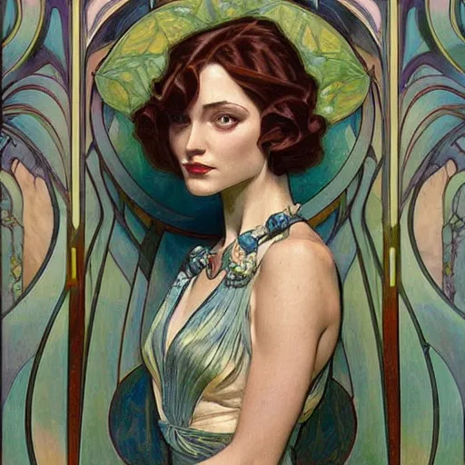 Prompt: an art deco painting in the style of donato giancola, and in the style of charlie bowater, and in the style of alphonse mucha. symmetry, smooth, sharp focus, semi - realism, intricate detail.