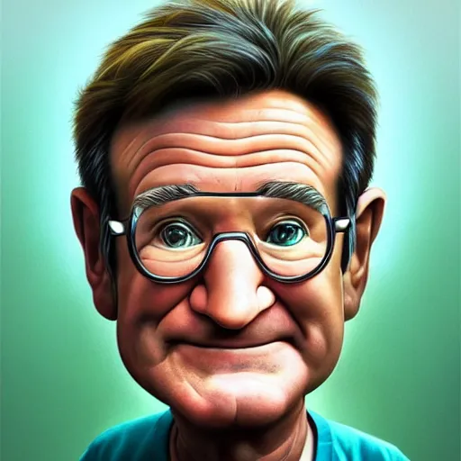 Image similar to Portrait of Robin Williams Funny cartoonish by Gediminas Pranckevicius H 640 and Tomasz Alen Kopera, masterpiece, trending on artstation