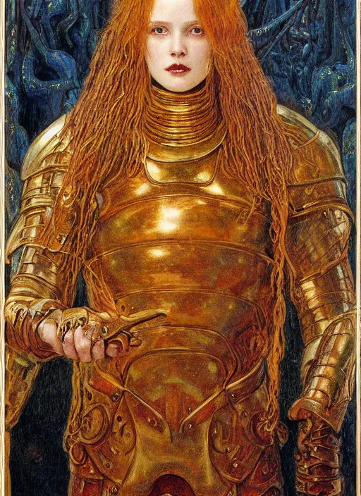Prompt: malenia from elden ring wearing helmet and armor by jean delville, red hair, full body portrait,