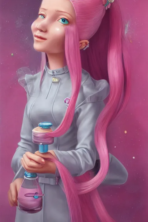 Prompt: highly detailed, profile portrait of adult princess bubblegum from adventure time, confidently experimenting in her science lab, wearing lab coat, long bubblegum hair, long straight bangs, beautiful, attractive, illustration concept art by nicoletta ceccoli, mark ryden, lostfish, detailed and intricate environment, 8 k resolution, hyperrealistic, 3 d, octane render