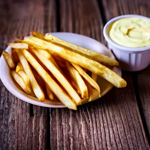 Image similar to the most delicious portion of french fries with mayo on the side, on a wooden table, close - up, photography