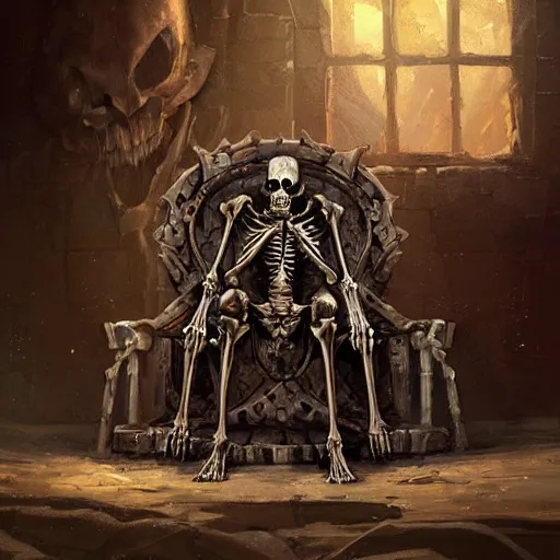 Prompt: Skeleton King, human skeleton, resting on his throne, oil painting, by Fernanda Suarez and Greg Rutkowski