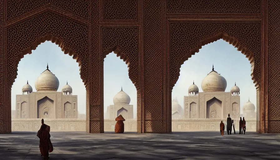 Image similar to the inside of a monument with mughal motifs, by tim blandin and arthur haas and bruce pennington and john schoenherr, big windows architecture by zaha hadid, octane render, cinematic, scenery, cgsociety, modernism, futuristic, trending on artstation, sci - fi, high detail, high quality, close up angle, people walking