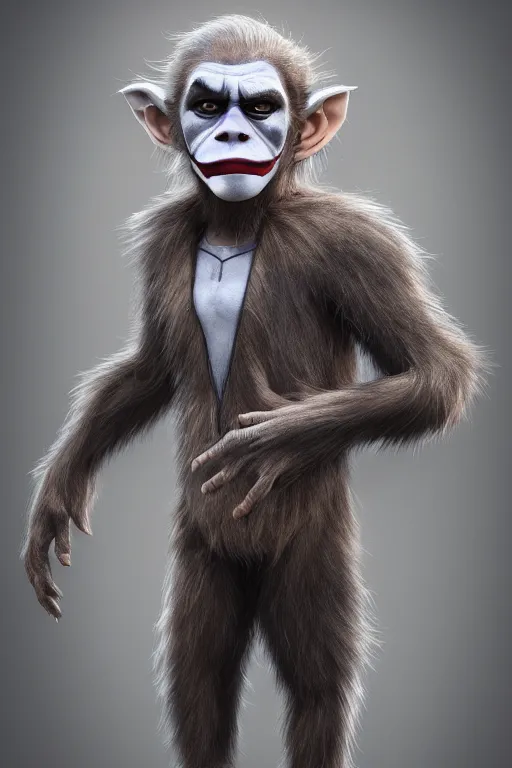 Image similar to anthropomorphic ape kid Cosplay of the joker, realistic and ultra intricate detailed soft painting, symmetrical, volumetric lighting, mist, Artstation, unreal engine, depth of field