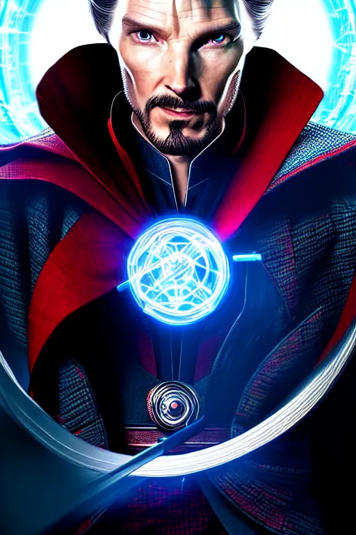 Image similar to futuristic portrait art of an armored cyberpunk doctor strange, futuristic style doctor strange, cyberpunk, cinematic movie still 2 0 7 7