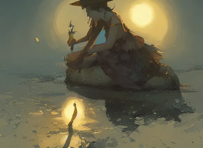 Prompt: a little witch sleeping at the sea art by craig mullins, james gilleard, by joe fenton, by greg rutkowski, by greg tocchini, by kaethe butcher, 4 k resolution, gradient yellow, black, brown and cyan color scheme, grunge aesthetic!!!