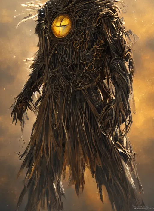 Image similar to powerful male scarecrow, willem dafoe as scarecrow, full body character concept, covered in full leather armor, art nouveau, super powers, fantasy, intricate, elegant, highly detailed, digital painting, artstation, concept art, shining, sharp focus, illustration, art by stanley lau