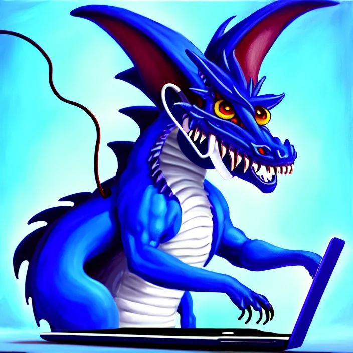 Prompt: a photorealistic painting of an anthropomorphic blue western dragon wearing headphones, laptop, oil on canvas, furry, soft lighting