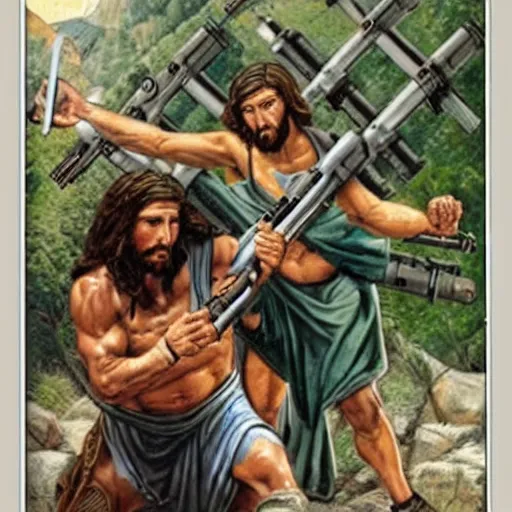 Image similar to jesus rambo with heavy machinegun