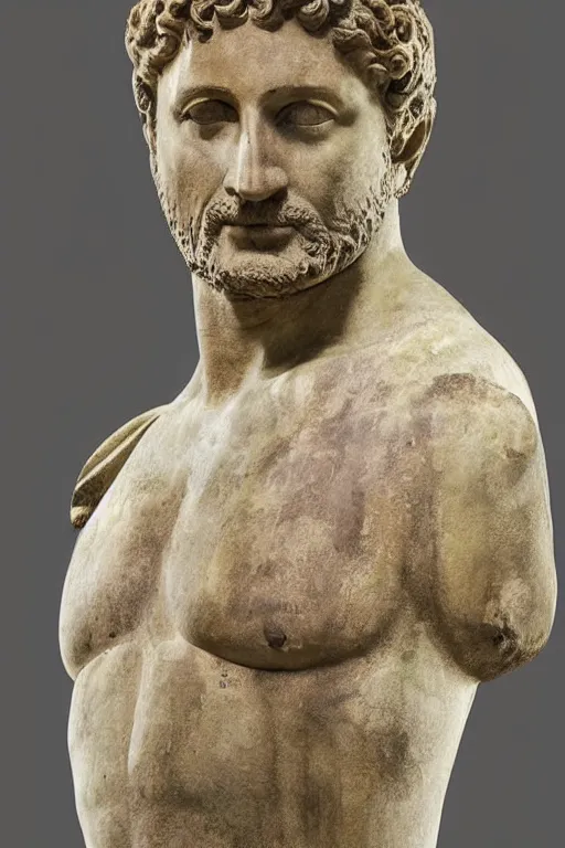 Prompt: an ancient greek marble statue of actor gerard butler, painted in reconstructed original colors, courtesy of the british museum