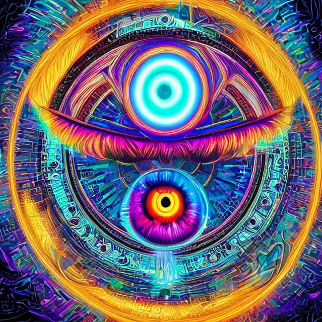 Image similar to hypnotizing and hallucinating eye, eye of horus, centered eye, symmetry, illuminati eye, colorful, sharp and focus, ultra detailed, beautifully lit, in the art style of dan mumford and marc simonetti